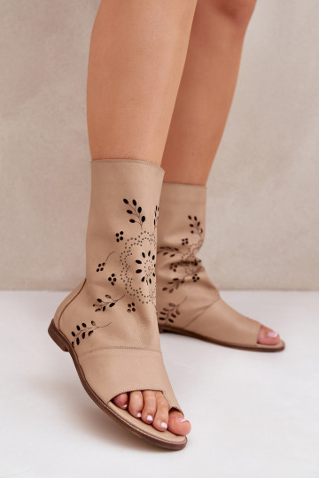 Zazoo 3437 Damskie Skórzane SandaływithCholewką Na Zamek Beżowe