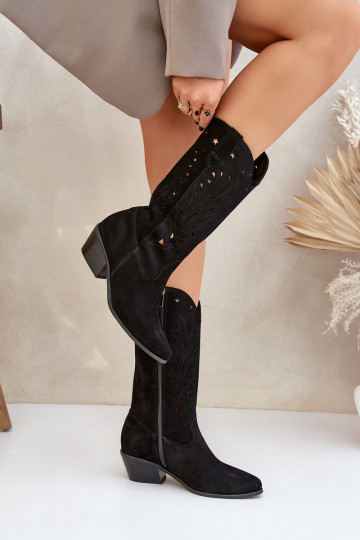 Zamszowe KozakiwithAżurową Cholewką Zazoo 3609 Czarne