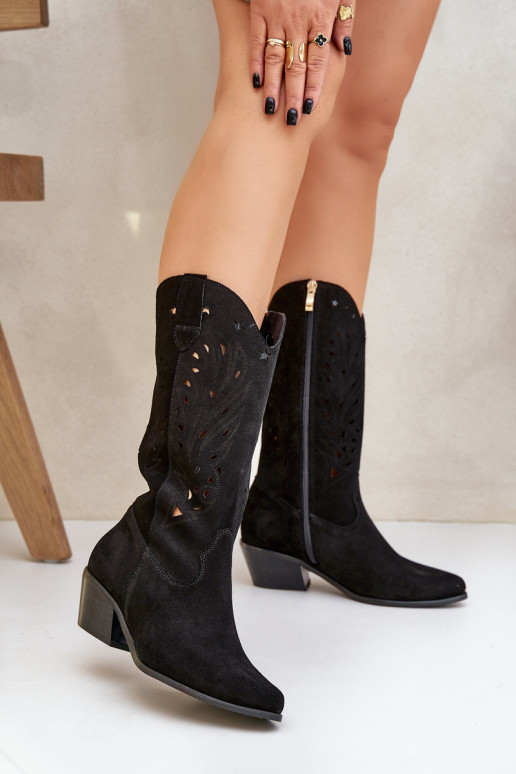 Suede Boots With Cutout Shaft Black Zazoo 3609 Suede Boots With Cutout Shaft Black Zazoo 3609