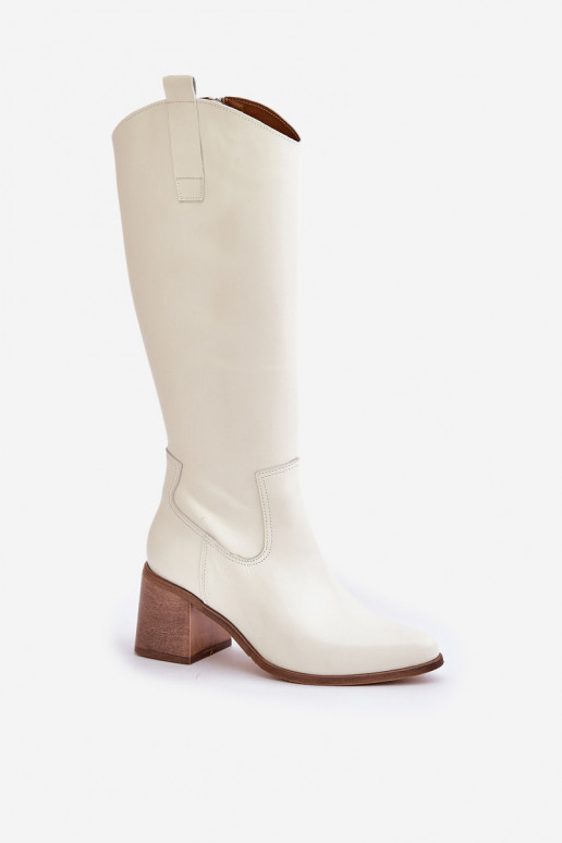 Leather Knee High Boots On Heel White Zazoo 3675 Leather Knee High Boots On Heel White Zazoo 3675