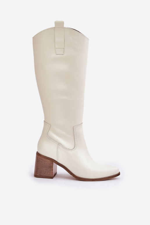Leather Knee High Boots On Heel White Zazoo 3675 Leather Knee High Boots On Heel White Zazoo 3675