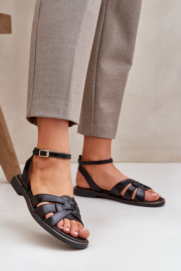 Skórzane Sandały Damskie Na Płaskim Obcasie Zazoo 3688 Czarne 2