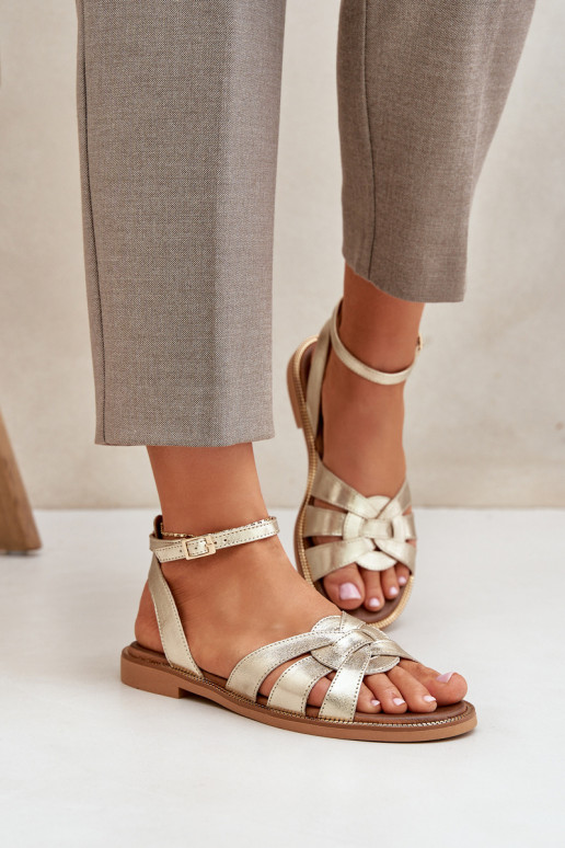 Ladies leather sandals on flat heel Zazoo 3688 gold Ladies leather sandals on flat heel Zazoo 3688 gold