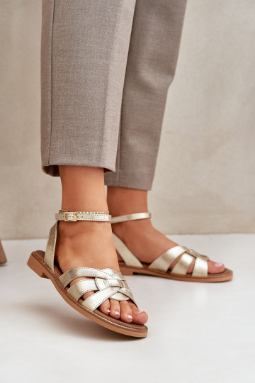 Ladies leather sandals on flat heel Zazoo 3688 gold 2