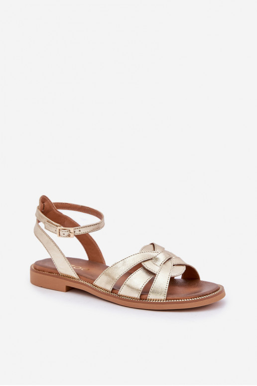 Ladies leather sandals on flat heel Zazoo 3688 gold Ladies leather sandals on flat heel Zazoo 3688 gold