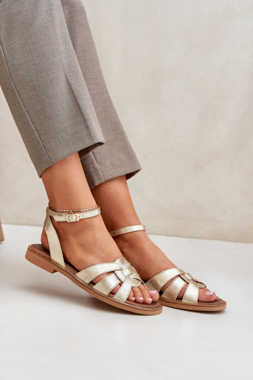 Ladies leather sandals on flat heel Zazoo 3688 gold Ladies leather sandals on flat heel Zazoo 3688 gold