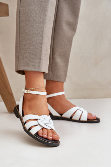 Leather Women's Sandals On Flat Heel White Zazoo 3688 2