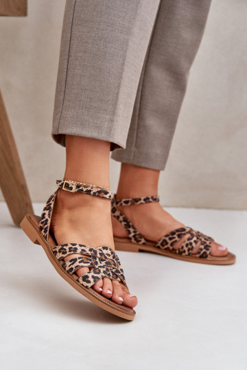 Leather Women's Sandals On Flat Heels Leopard Zazoo 3688 Brown 2