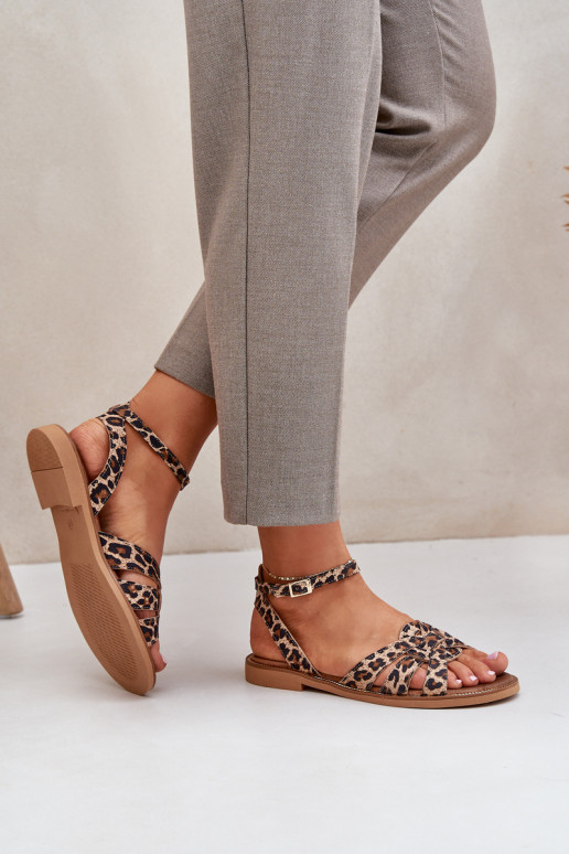 Leather Women's Sandals On Flat Heels Leopard Zazoo 3688 Brown Leather Women's Sandals On Flat Heels Leopard Zazoo 3688 Brown