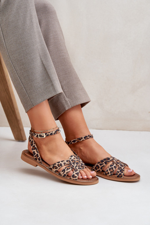Leather Women's Sandals On Flat Heels Leopard Zazoo 3688 Brown Leather Women's Sandals On Flat Heels Leopard Zazoo 3688 Brown
