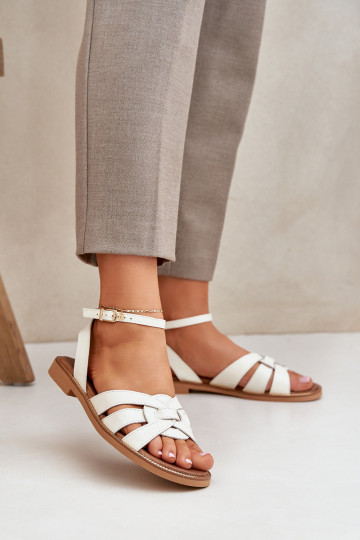 Leather Ladies Sandals With Flat Heel Zazoo 3688 Ecru 2