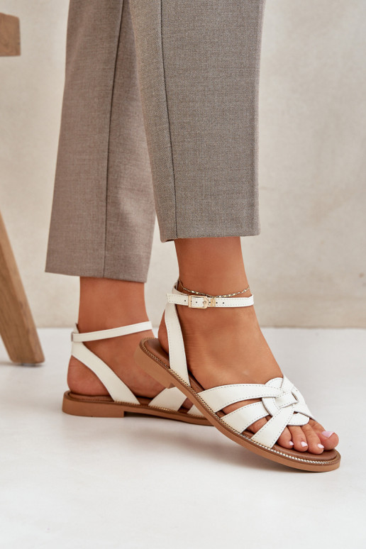 Leather Ladies Sandals With Flat Heel Zazoo 3688 Ecru Leather Ladies Sandals With Flat Heel Zazoo 3688 Ecru