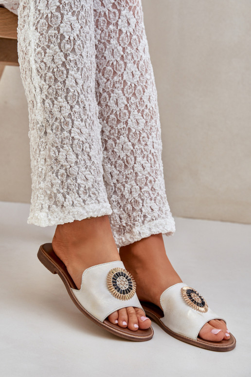 Leather Slippers With Decoration On Flat Heel Gold Distressed Lewski 3047/O Leather Slippers With Decoration On Flat Heel Gold Distressed Lewski 3047/O