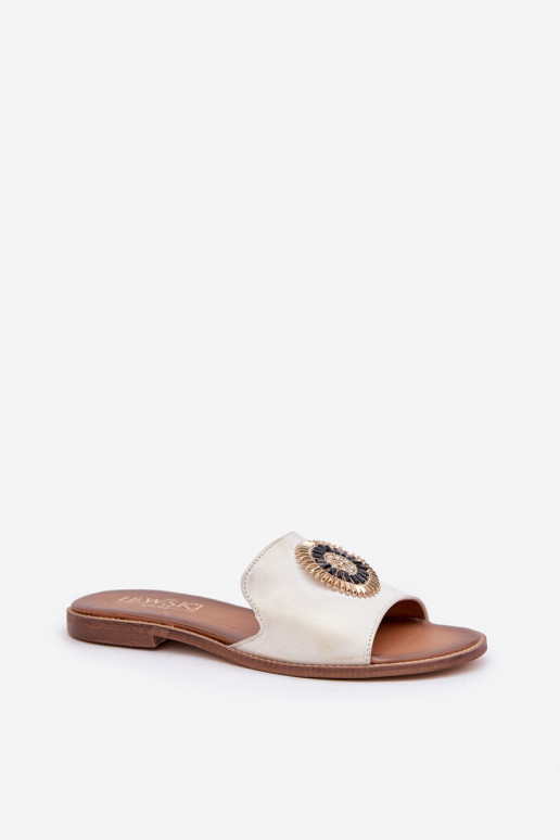 Leather Slippers With Decoration On Flat Heel Gold Distressed Lewski 3047/O Leather Slippers With Decoration On Flat Heel Gold Distressed Lewski 3047/O