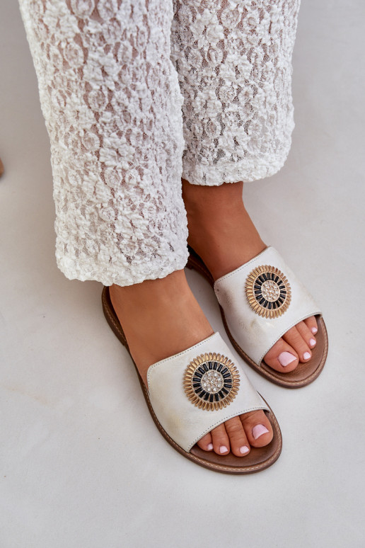 Leather Slippers With Decoration On Flat Heel Gold Distressed Lewski 3047/O Leather Slippers With Decoration On Flat Heel Gold Distressed Lewski 3047/O