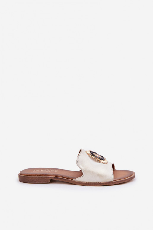 Leather Slippers With Decoration On Flat Heel Gold Distressed Lewski 3047/O Leather Slippers With Decoration On Flat Heel Gold Distressed Lewski 3047/O