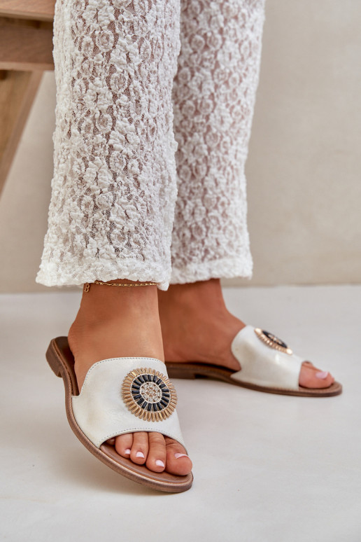 Leather Slippers With Decoration On Flat Heel Gold Distressed Lewski 3047/O Leather Slippers With Decoration On Flat Heel Gold Distressed Lewski 3047/O