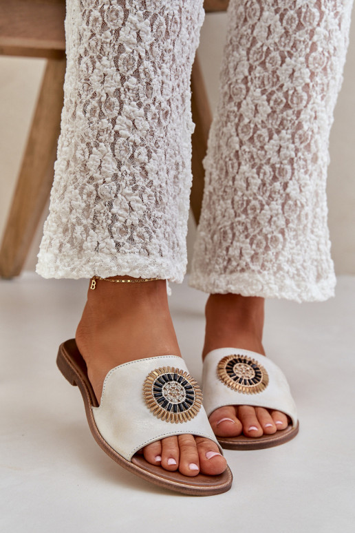 Leather Slippers With Decoration On Flat Heel Gold Distressed Lewski 3047/O Leather Slippers With Decoration On Flat Heel Gold Distressed Lewski 3047/O