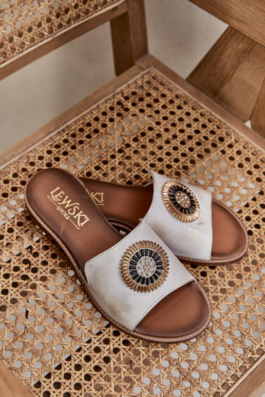 Leather Slippers With Decoration On Flat Heel Gold Distressed Lewski 3047/O Leather Slippers With Decoration On Flat Heel Gold Distressed Lewski 3047/O