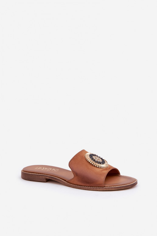 Leather Slippers With Decoration On Flat Heel Zazoo 3047/O Camel Leather Slippers With Decoration On Flat Heel Zazoo 3047/O Camel