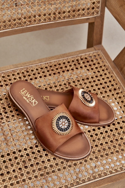 Leather Slippers With Decoration On Flat Heel Zazoo 3047/O Camel Leather Slippers With Decoration On Flat Heel Zazoo 3047/O Camel