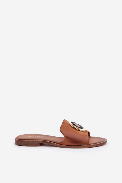 Leather Slippers With Decoration On Flat Heel Zazoo 3047/O Camel Leather Slippers With Decoration On Flat Heel Zazoo 3047/O Camel