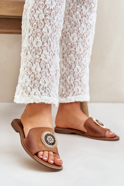 Leather Slippers With Decoration On Flat Heel Zazoo 3047/O Camel Leather Slippers With Decoration On Flat Heel Zazoo 3047/O Camel
