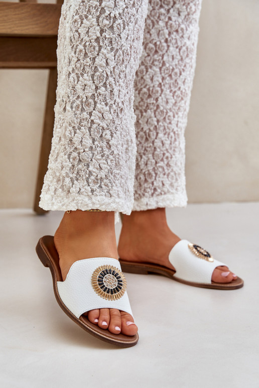 Leather Slippers With Decoration On Flat Heel White Lewski 3047/O Leather Slippers With Decoration On Flat Heel White Lewski 3047/O