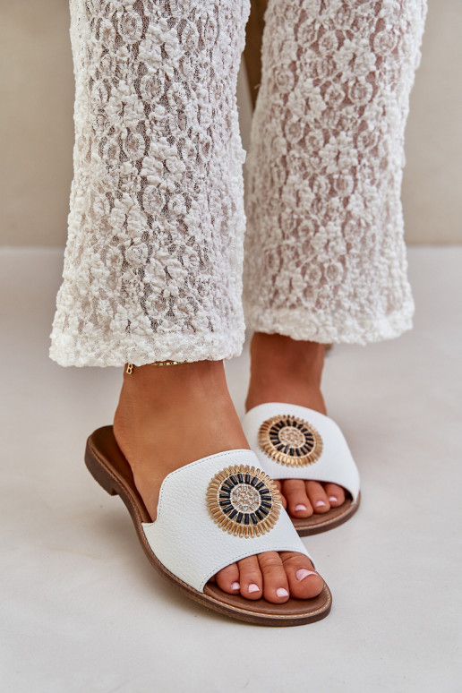 Leather Slippers With Decoration On Flat Heel White Lewski 3047/O Leather Slippers With Decoration On Flat Heel White Lewski 3047/O