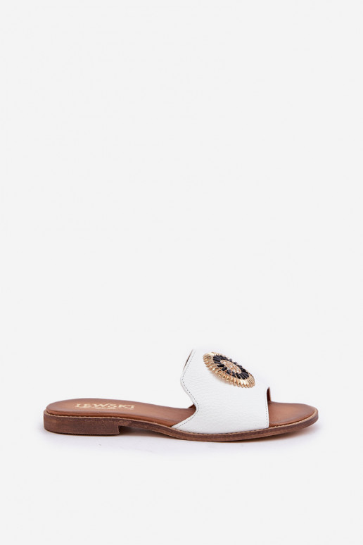 Leather Slippers With Decoration On Flat Heel White Lewski 3047/O Leather Slippers With Decoration On Flat Heel White Lewski 3047/O
