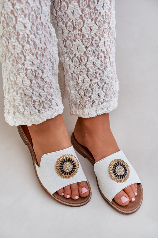 Leather Slippers With Decoration On Flat Heel White Lewski 3047/O Leather Slippers With Decoration On Flat Heel White Lewski 3047/O