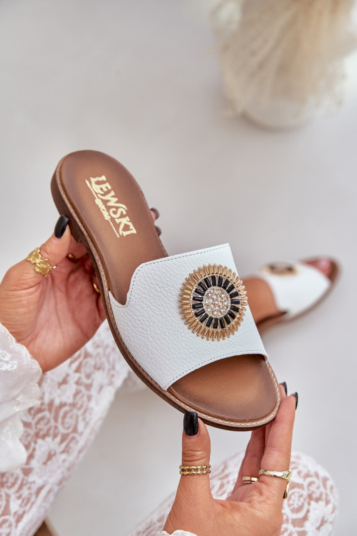 Leather Slippers With Decoration On Flat Heel White Lewski 3047/O Leather Slippers With Decoration On Flat Heel White Lewski 3047/O
