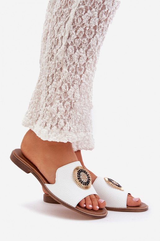 Leather Slippers With Decoration On Flat Heel White Lewski 3047/O Leather Slippers With Decoration On Flat Heel White Lewski 3047/O