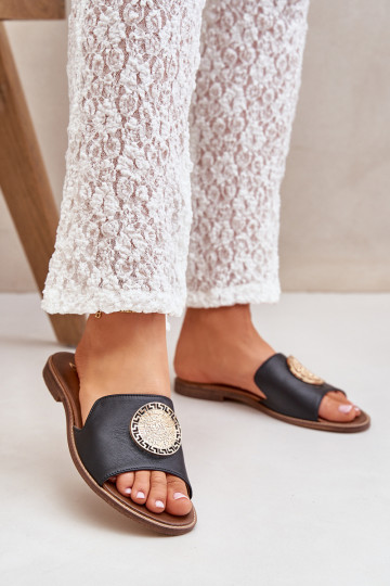 Leather Slippers With Decoration On Flat Heel Zazoo 3047/O Black 2