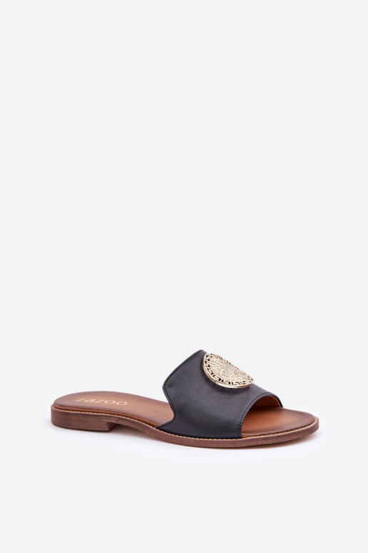 Leather Slippers With Decoration On Flat Heel Zazoo 3047/O Black Leather Slippers With Decoration On Flat Heel Zazoo 3047/O Black
