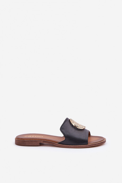 Leather Slippers With Decoration On Flat Heel Zazoo 3047/O Black Leather Slippers With Decoration On Flat Heel Zazoo 3047/O Black