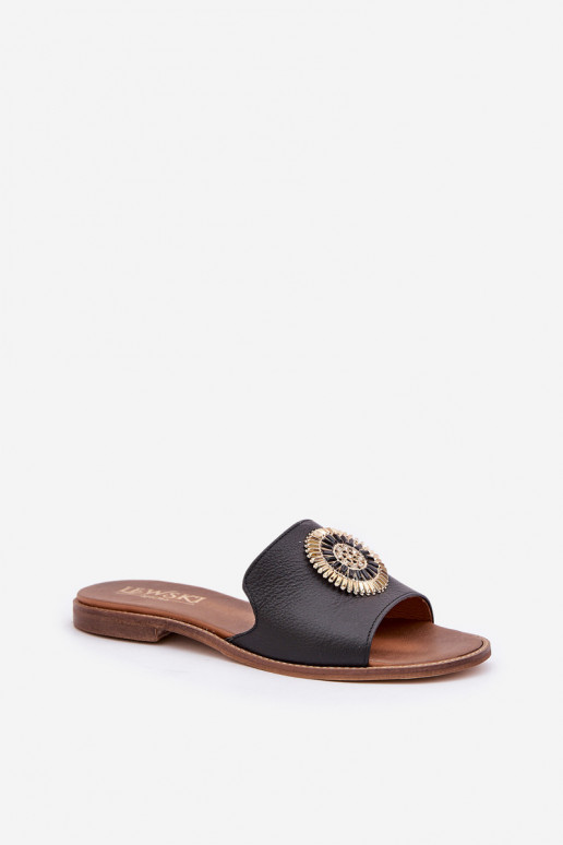 Leather Slippers With Decoration On Flat Heel Zazoo 3047/O Black Leather Slippers With Decoration On Flat Heel Zazoo 3047/O Black