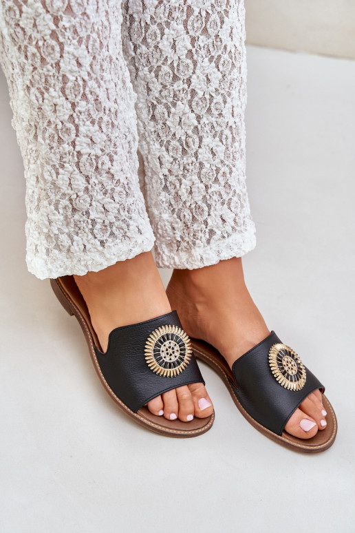 Leather Slippers With Decoration On Flat Heel Zazoo 3047/O Black Leather Slippers With Decoration On Flat Heel Zazoo 3047/O Black