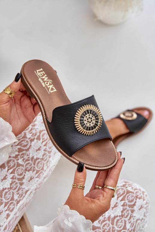 Leather Slippers With Decoration On Flat Heel Zazoo 3047/O Black Leather Slippers With Decoration On Flat Heel Zazoo 3047/O Black