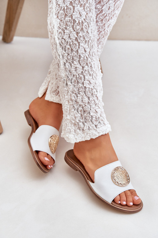 Leather Slippers With Decoration On Flat Heel White Zazoo 3047/O Leather Slippers With Decoration On Flat Heel White Zazoo 3047/O