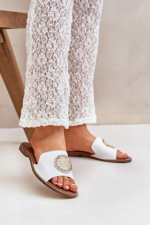Leather Slippers With Decoration On Flat Heel White Zazoo 3047/O Leather Slippers With Decoration On Flat Heel White Zazoo 3047/O