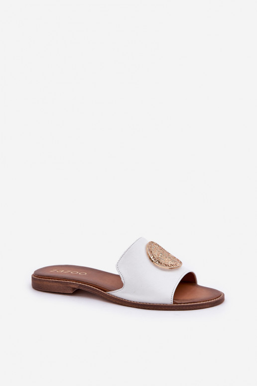 Leather Slippers With Decoration On Flat Heel White Zazoo 3047/O Leather Slippers With Decoration On Flat Heel White Zazoo 3047/O