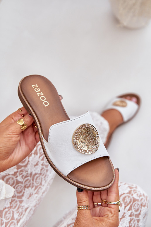 Leather Slippers With Decoration On Flat Heel White Zazoo 3047/O Leather Slippers With Decoration On Flat Heel White Zazoo 3047/O