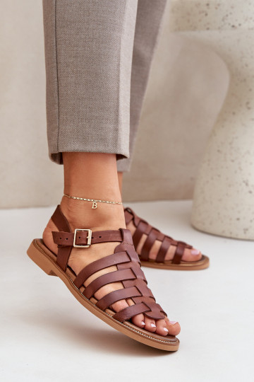 Leather sandals with flat heel brown Zazoo 3686 2