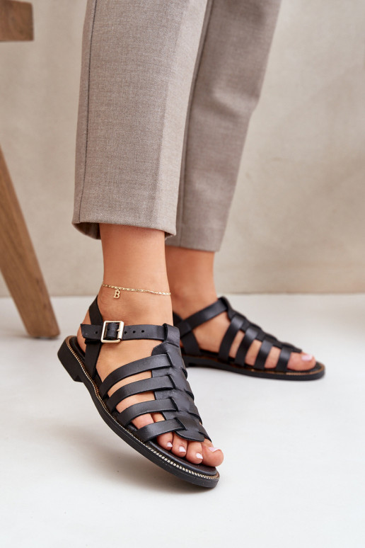 Leather Sandals On Flat Heel Zazoo 3686 Black Leather Sandals On Flat Heel Zazoo 3686 Black