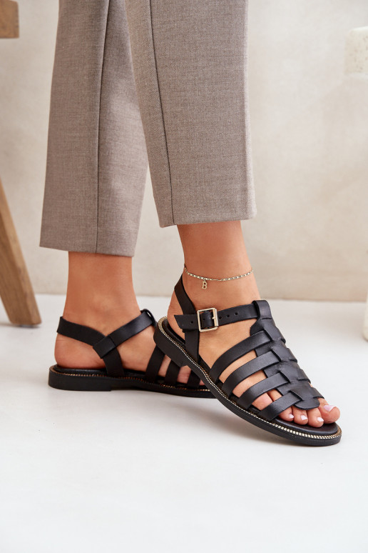 Leather Sandals On Flat Heel Zazoo 3686 Black Leather Sandals On Flat Heel Zazoo 3686 Black