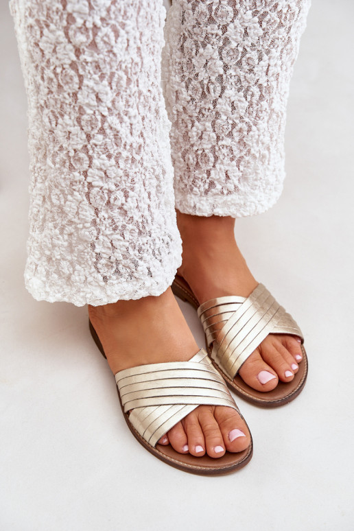 Skórzane Damskie Klapki Lewski Shoes 3682 Złote Skórzane Damskie Klapki Lewski Shoes 3682 Złote