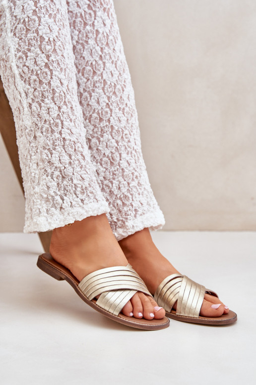 Skórzane Damskie Klapki Lewski Shoes 3682 Złote Skórzane Damskie Klapki Lewski Shoes 3682 Złote