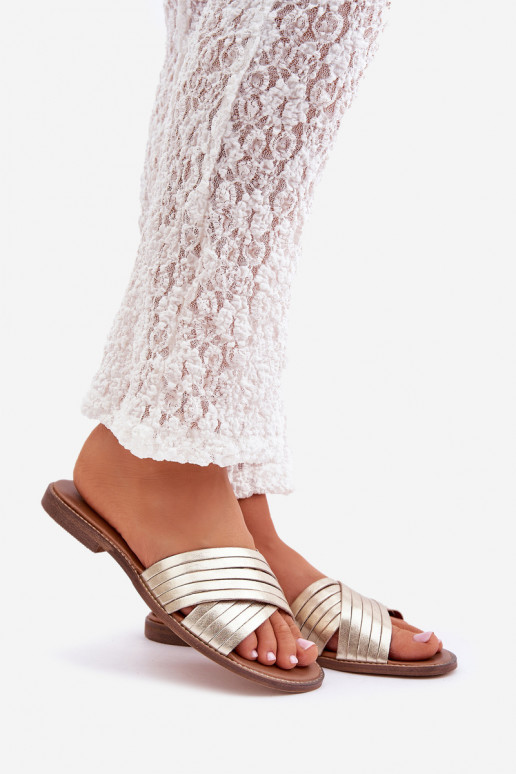 Skórzane Damskie Klapki Lewski Shoes 3682 Złote Skórzane Damskie Klapki Lewski Shoes 3682 Złote