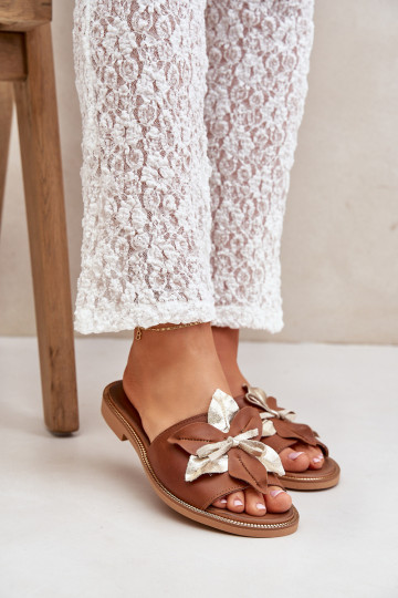 KlapkiwithOzdobą Skóra Naturalna Zazoo 3574/Z Camel